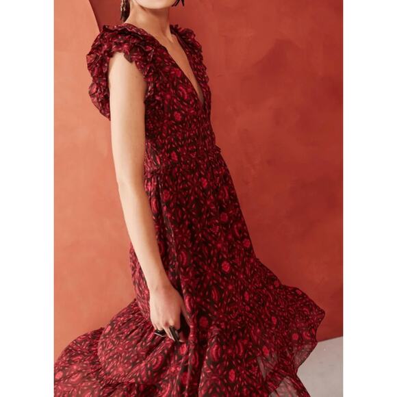 Ulla Johnson Anika Ruffle Midi Dress Red Fuchsia Dress Floral 10 Silk - Picture 4 of 11